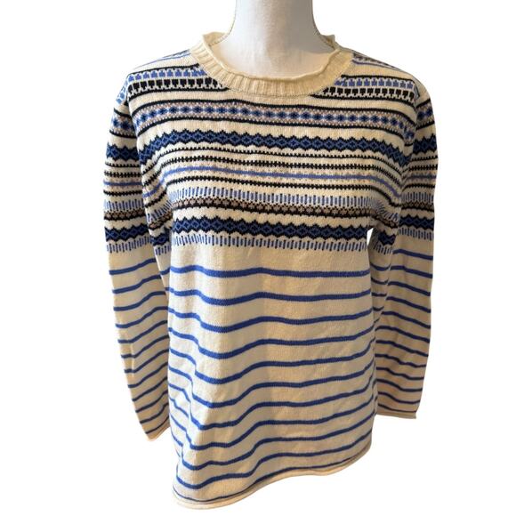 J Crew Fair Isle Crewneck Sweater Off White Blue Print M - Picture 1 of 6